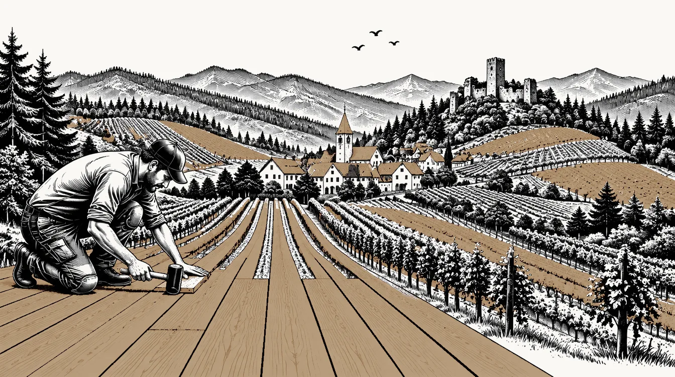 Illustration: Ein Bodenleger verlegt Eichendielen, dahinter Weinberge, ein Dorf und eine Burgruine im Markgräflerland