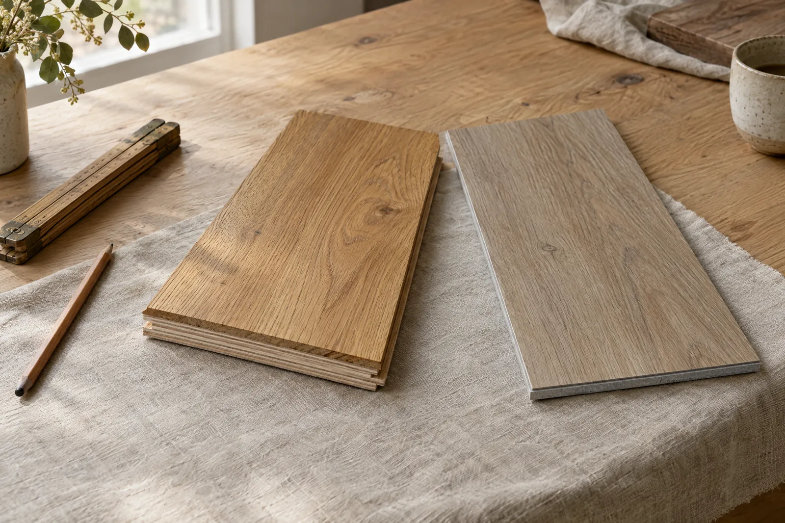 Musterstücke von Mehrschichtparkett und Designboden nebeneinander mit sichtbarem Aufbau